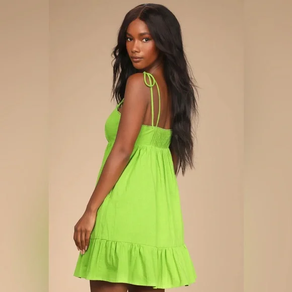 Lulus’ Dreamgirl Lime Green Pleated Tie-Shoulder Babydoll Linen Mini Dress - Picture 2 of 8